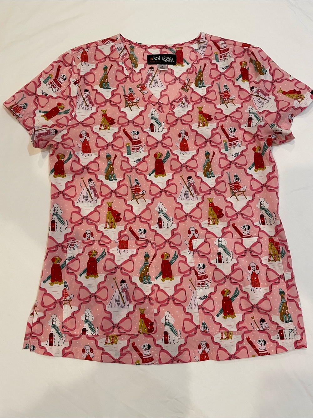 koi Pink Holiday Dog Print Scrub Top